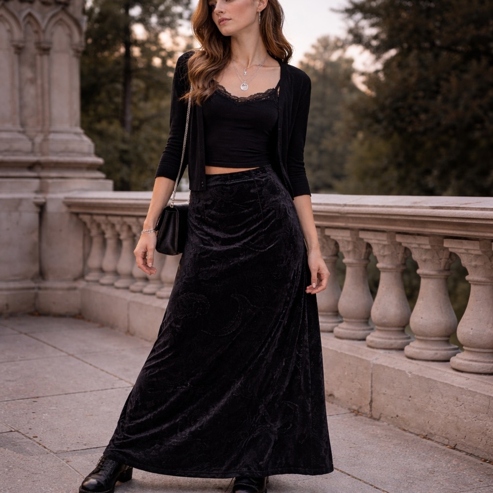 Kathy Lee Collection vintage long black velvet maxi skirt whimsigoth Y2K large - Picture 1 of 7